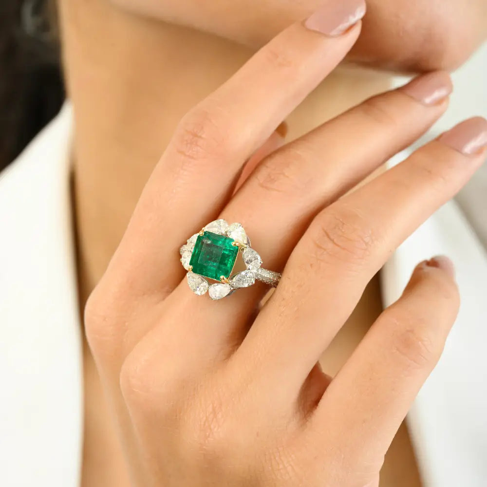 Square Cut Zambian Emerald & Diamond Real 18K Two Tone Gold Statement Wedding Ring
