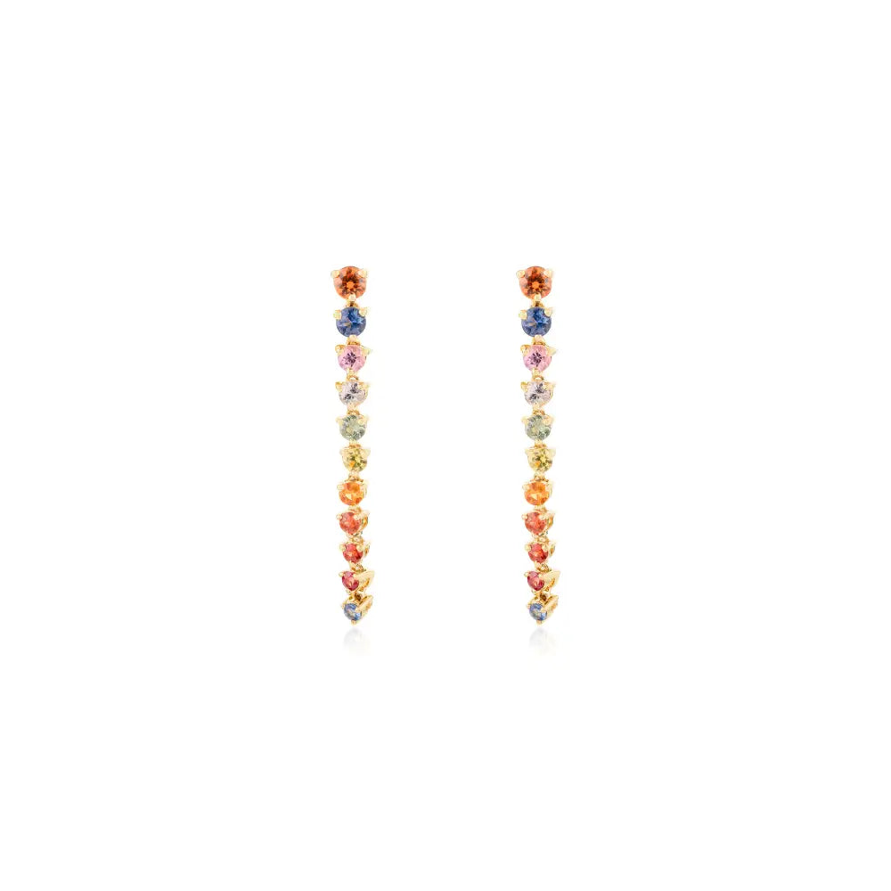 Round Cut Multi Sapphire Long Dangle Earrings Solid 18K Yellow Gold Precious Gemstone Jewelry