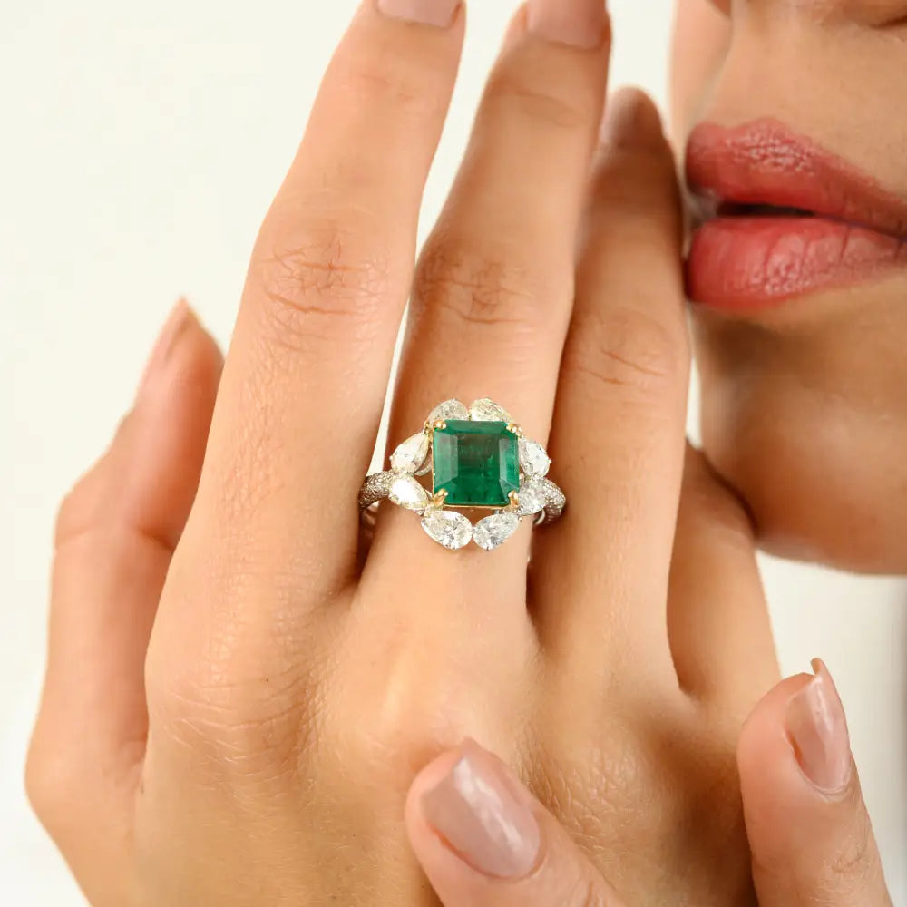 Square Cut Zambian Emerald & Diamond Real 18K Two Tone Gold Statement Wedding Ring