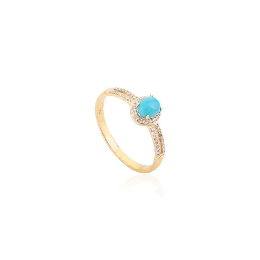 Oval Cut Turquoise & Diamond Spilt Shank Ring 14K Solid Gold Light Weight Minimal Jewelry
