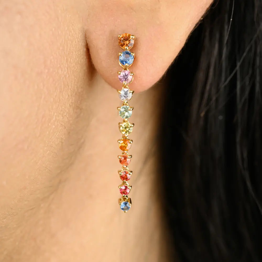 Round Cut Multi Sapphire Long Dangle Earrings Solid 18K Yellow Gold Precious Gemstone Jewelry