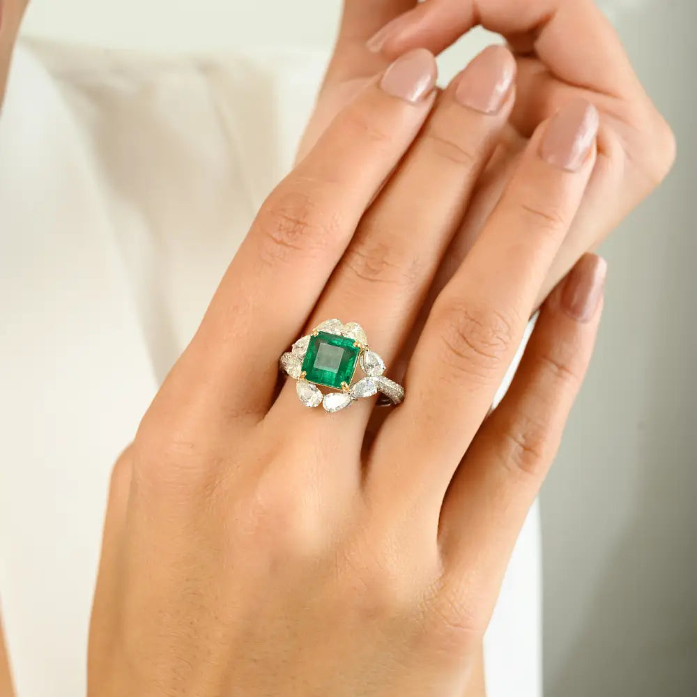 Square Cut Zambian Emerald & Diamond Real 18K Two Tone Gold Statement Wedding Ring