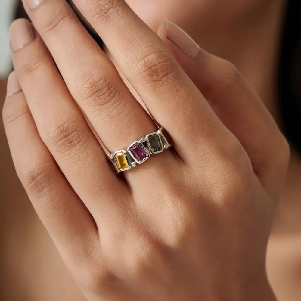 Solid 14K White Gold Rainbow Multi Sapphire & Diamond Half Eternity Band Ring For Wedding