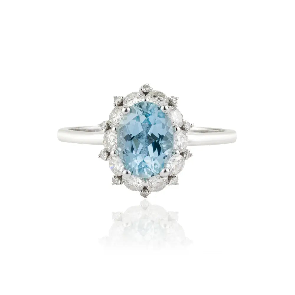Prong Set Aquamarine & Diamond Cluster Ring New Trendy 14K White Gold Fine Jewelry