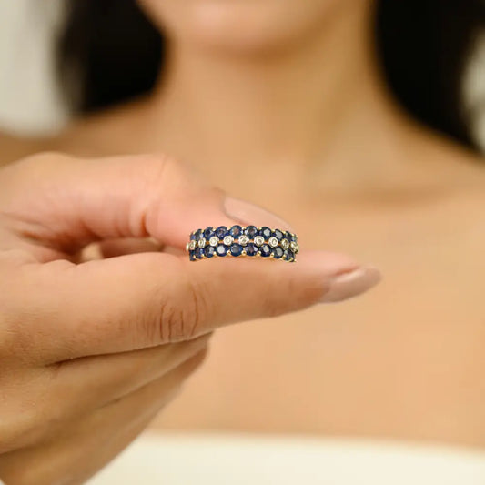 Beautiful Handmade Blue Sapphire & Diamond 14K Real Yellow Gold Wedding Band Ring