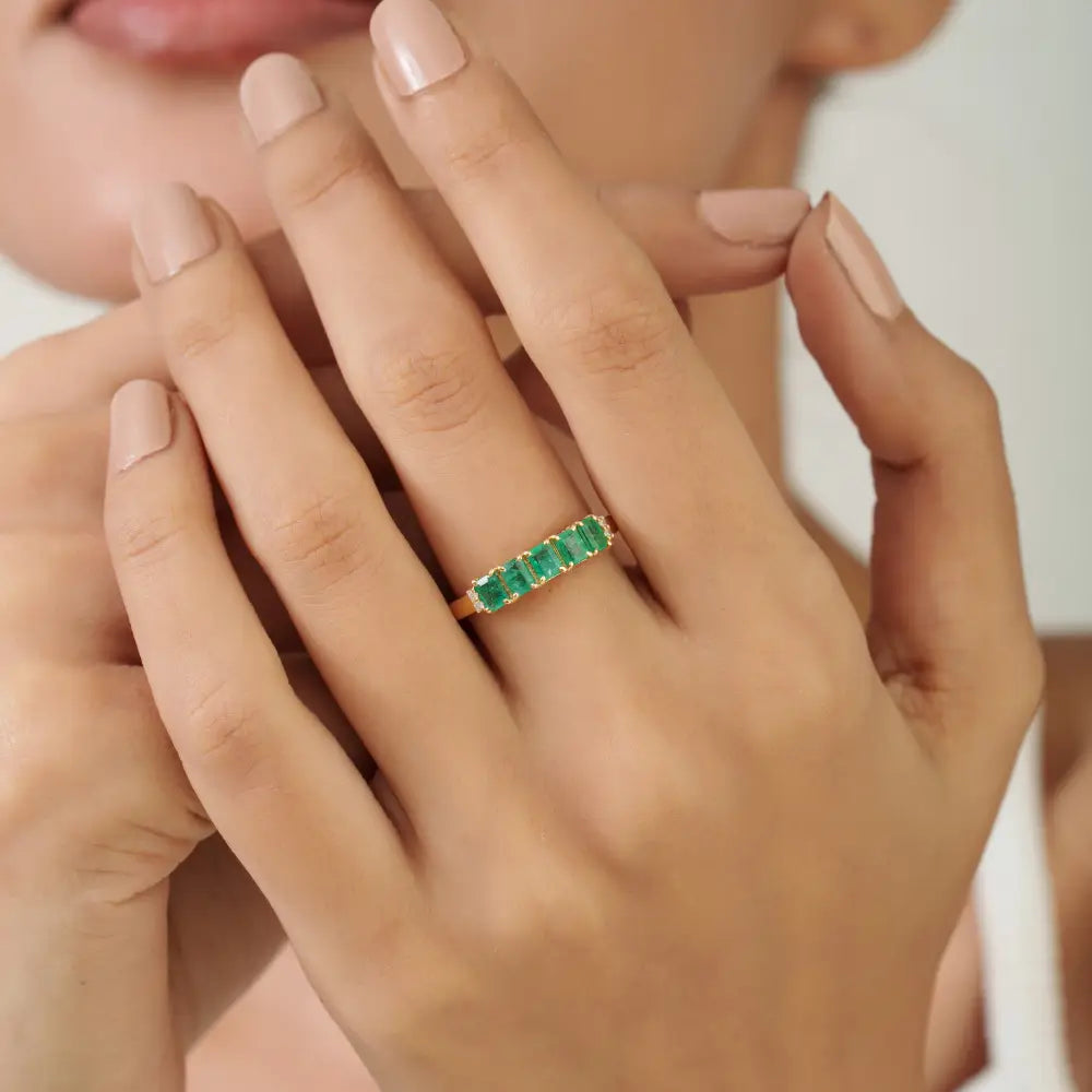 14K Real Yellow Gold Fine Emerald & Diamond Stackable Gemstone Ring Everyday Wear Jewelry