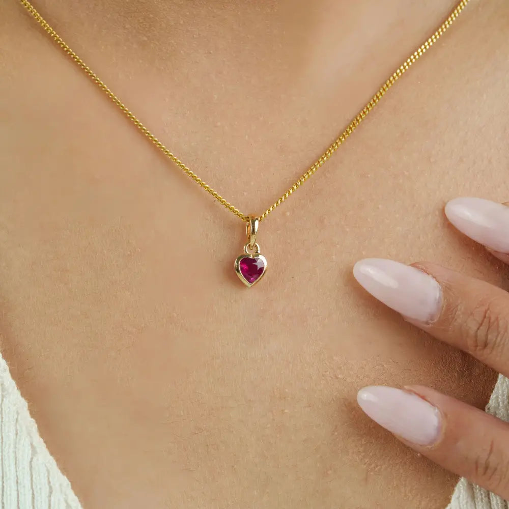 14K Real Yellow Gold Ruby Mini Heart Shape Pendant Minimalist Jewelry Gift For Girlfriend