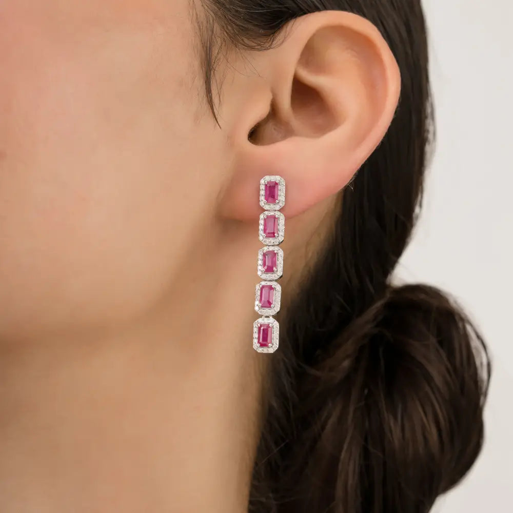 Luxurious Ruby & Diamond K14 Solid White Gold Halo Dangle Earrings For Women's Bold Jewelry