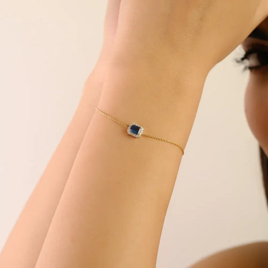 New Trendy 14K Yellow Gold Blue Sapphire & Diamond Solitaire Halo Bracelet Stacking Jewelry