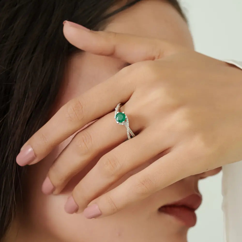 Zambian Emerald & Diamond Curve Band Engagement Ring Stackable 18K White Gold Jewelry