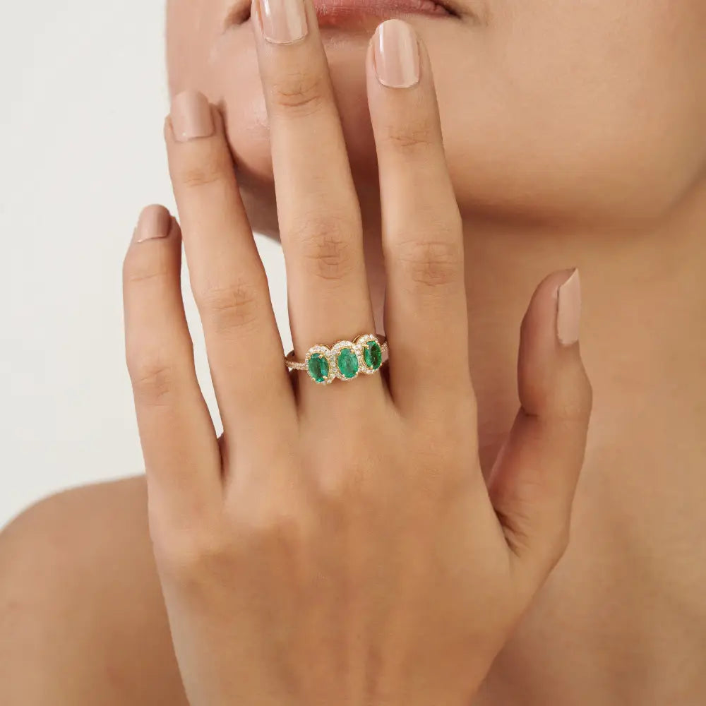 Oval Shape Emerald & Round Cut Diamond Three Stone Ring Fine 14K Solid Yellow Gold Jewelry