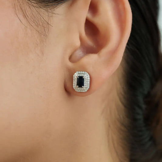 14K White Gold Blue Sapphire & Diamond Double Cluster Push Back Stud Earrings For Women's