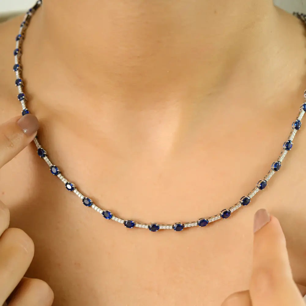 ODM OEM Jewelry Natural Blue Sapphire & Diamond Tennis Necklace Real K14 White Gold