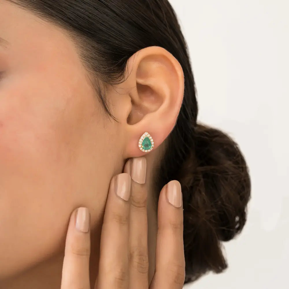 100% Real Emerald & Diamond Pear Shape Halo Stud Earrings 18K Solid Yellow Gold Jewelry