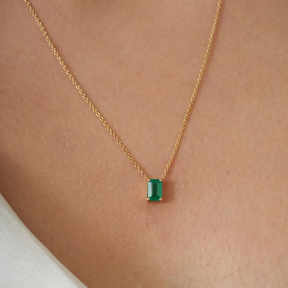 6x4 mm Octagon Cut Emerald Minimal Single Stone Pendant Necklace 18K Solid Gold Jewelry