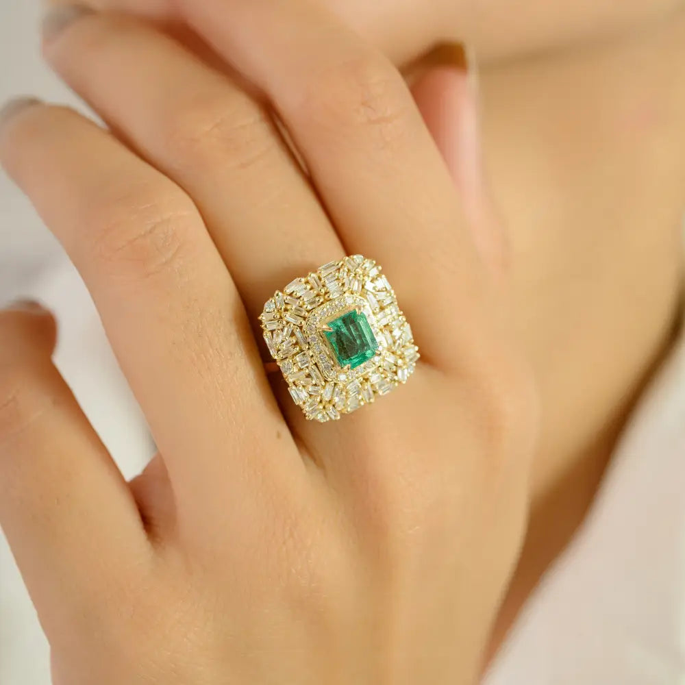 6x5mm Octagon Cut Emerald & Diamond Bold Wedding Ring Pure 14K Yellow Gold Fine Jewelry