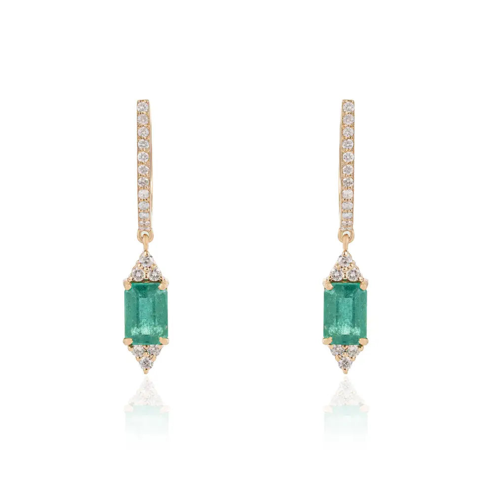 Elegant Design Solid K14 Yellow Gold Emerald & Diamond Hoop Drop Earrings For Women's