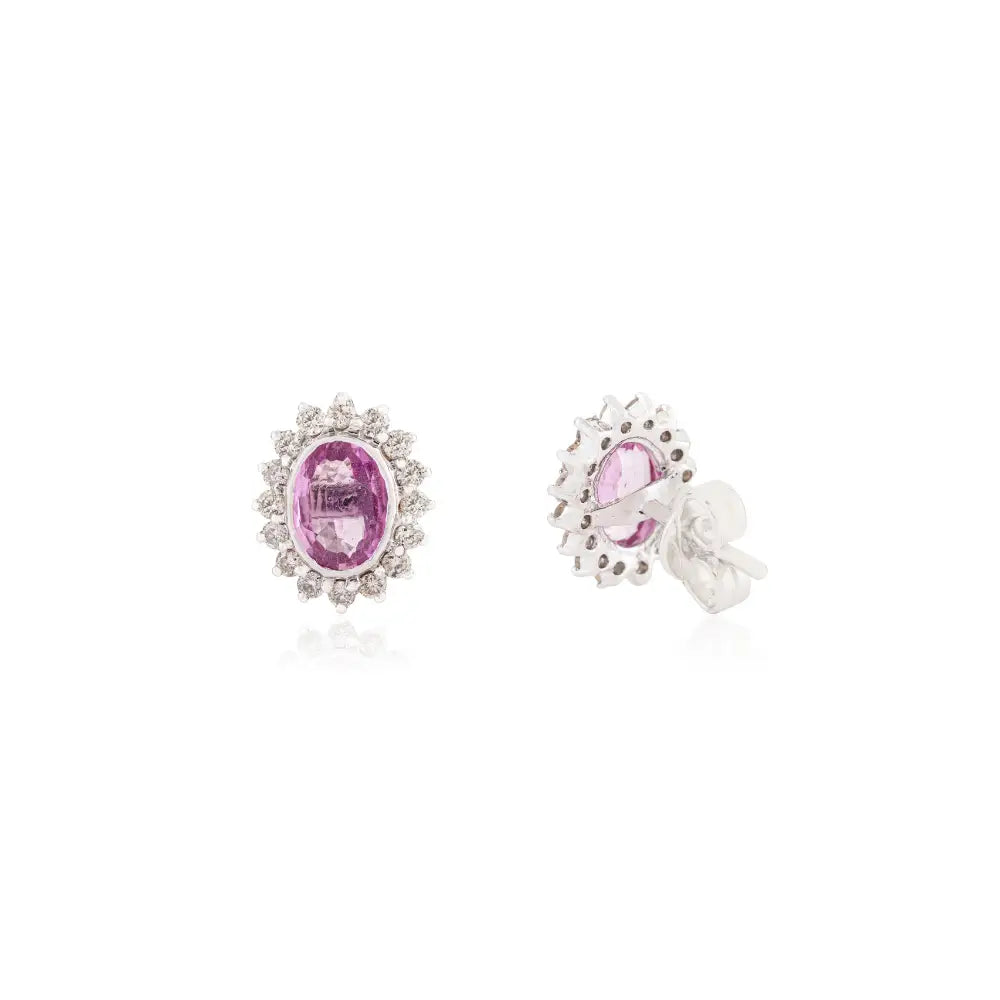 K14 White Gold Bezel Set Pink Sapphire & Diamond Cluster Halo Stud Earrings Handmade Jewelry