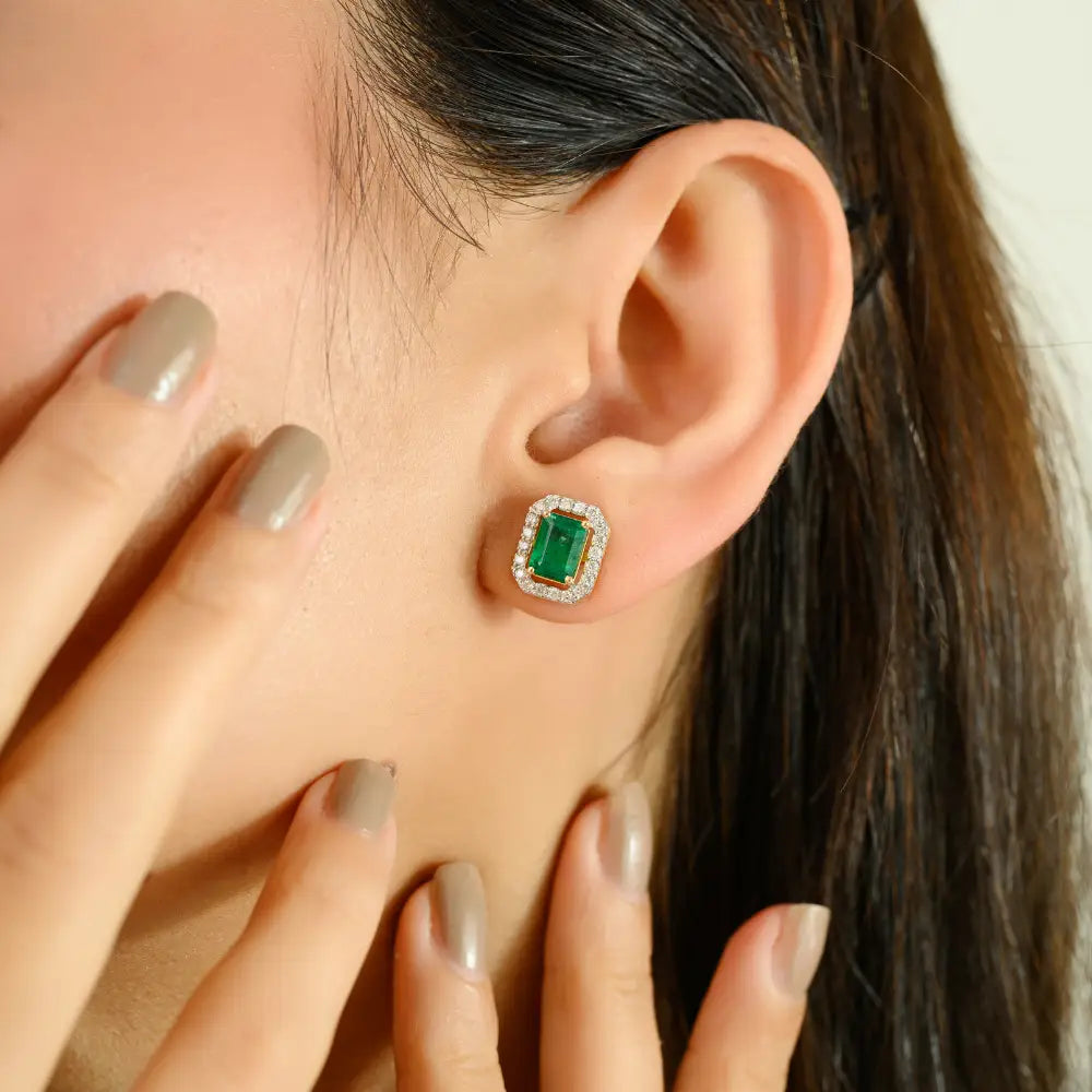 7x5mm Octagon Cut Emerald & Diamond 18K Yellow Gold Halo Stud Earrings For Women's