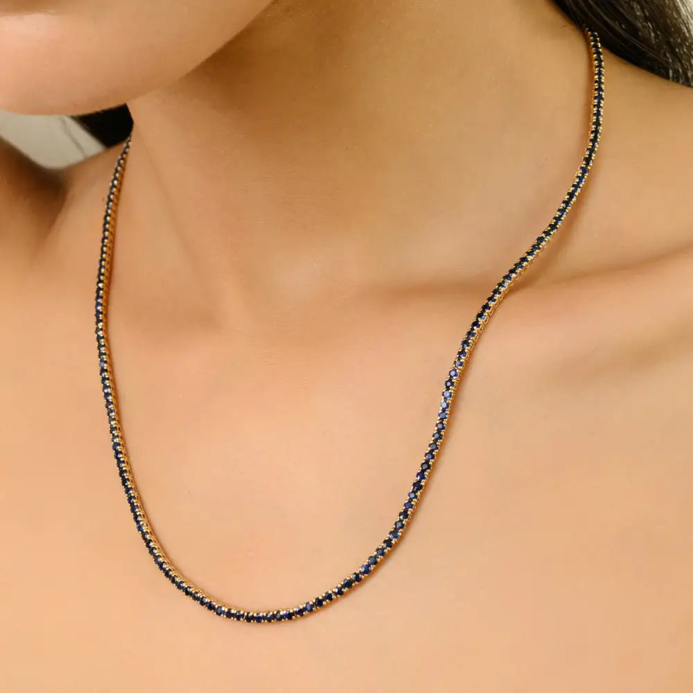 New Trendy 14K Real Yellow Gold Blue Sapphire Sleek Tennis Necklace Party Wear Jewelry