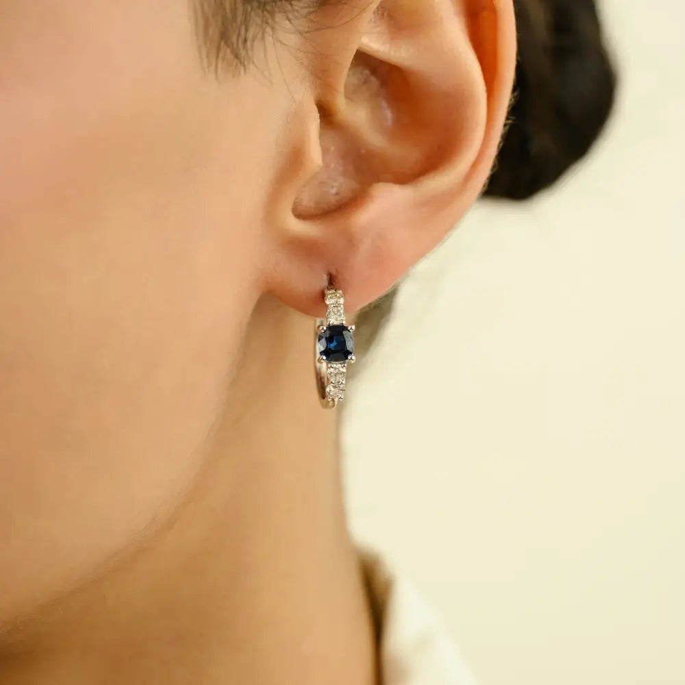 Cushion Shape Blue Sapphire & Diamond Fine Women Hoop Earrings 14K Real White Gold Jewelry