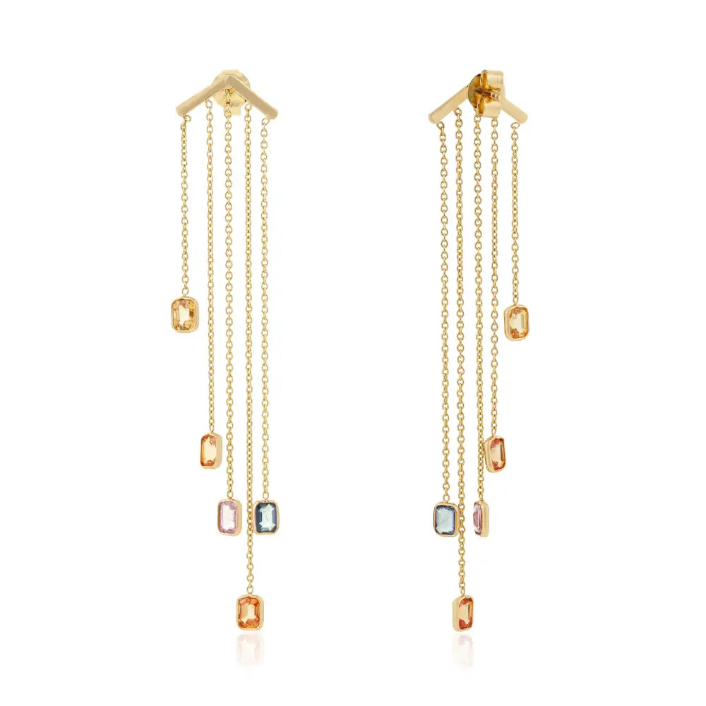 Unique Design Rainbow Sapphire Multi Chain Dangle Earrings Solid 14K Yellow Gold Jewelry