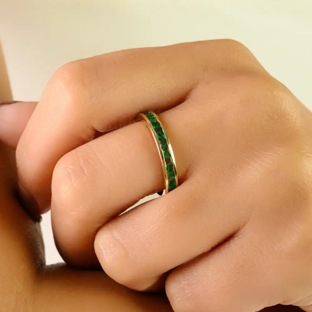Elegant Design Zambian Emerald Stackable Half Band Ring 14K Yellow Gold Fine Jewelry