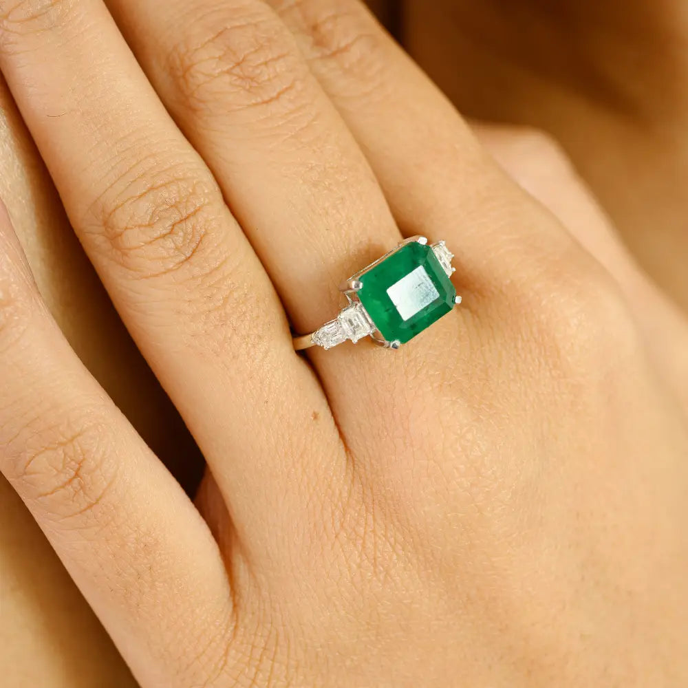 Best Seller Trending Pure K14 White Gold Emerald & Diamond Statement Ring Custom Jewelry