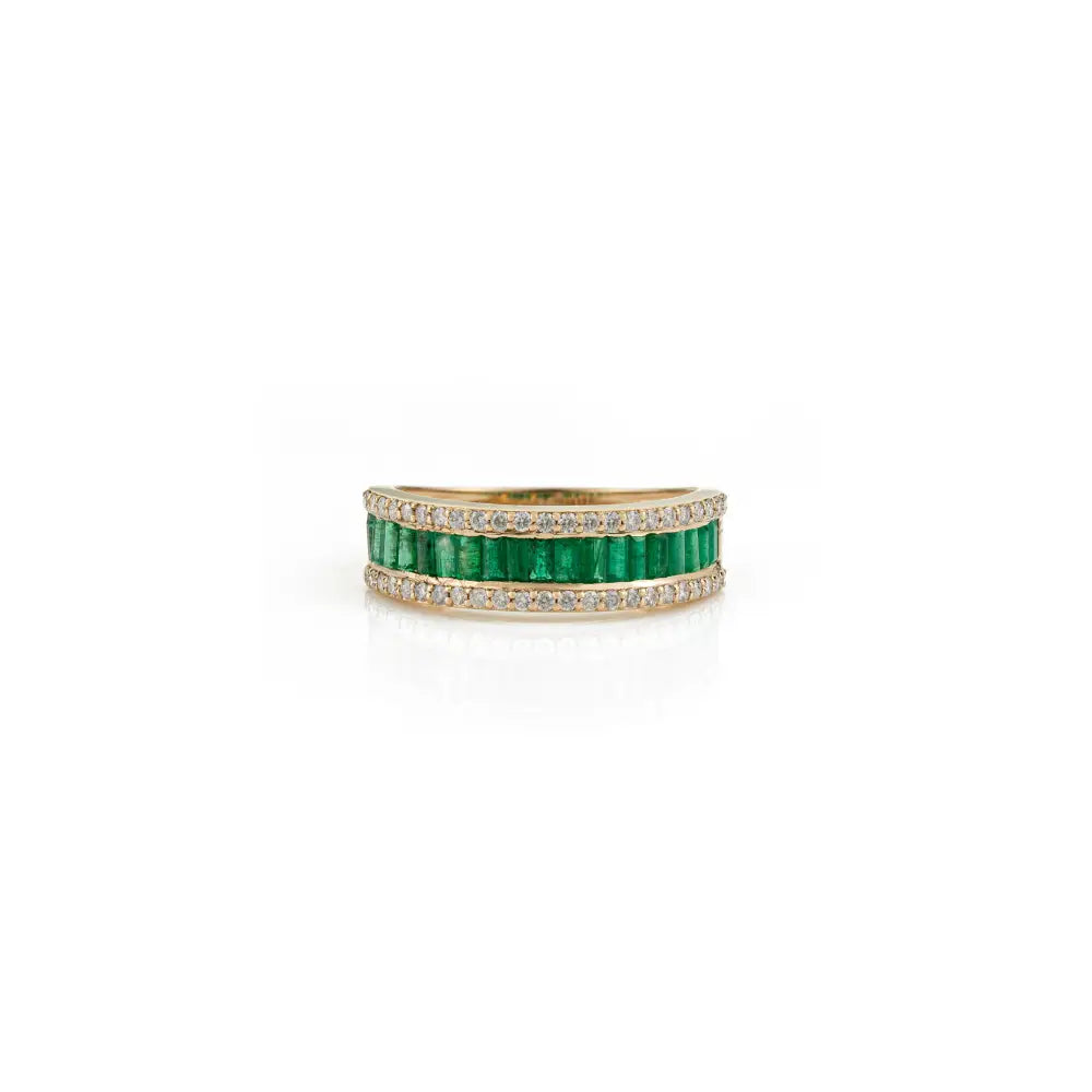 Baguette Shape Emerald & Round Cut Diamond K14 Yellow Gold Half Eternity Band Ring