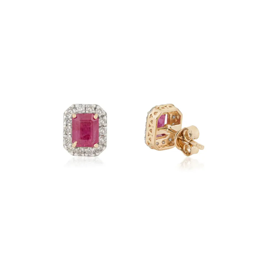 Prong Set Ruby & Diamond Simple Design K14 Yellow Gold Halo Stud Earrings Women's Gift