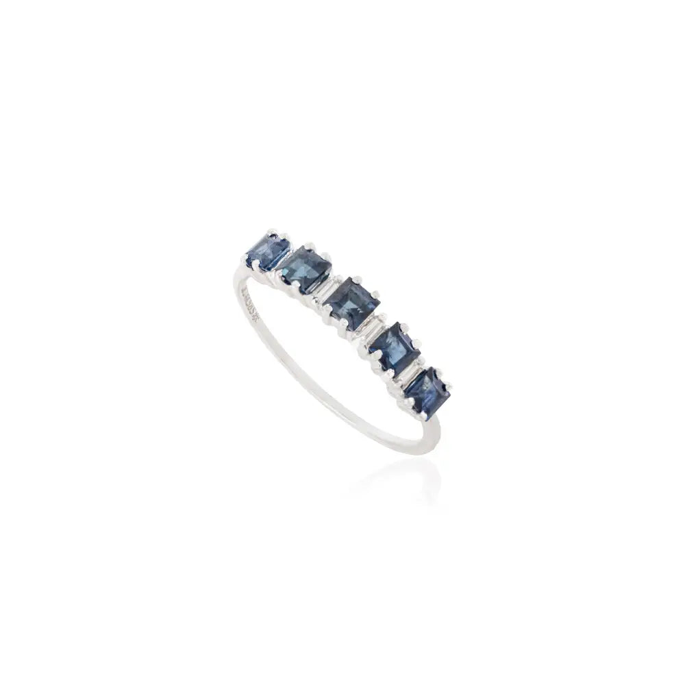 Square Shape Blue Sapphire & Baguette Cut Diamond Stacking Half Eternity Band Ring 14K Gold