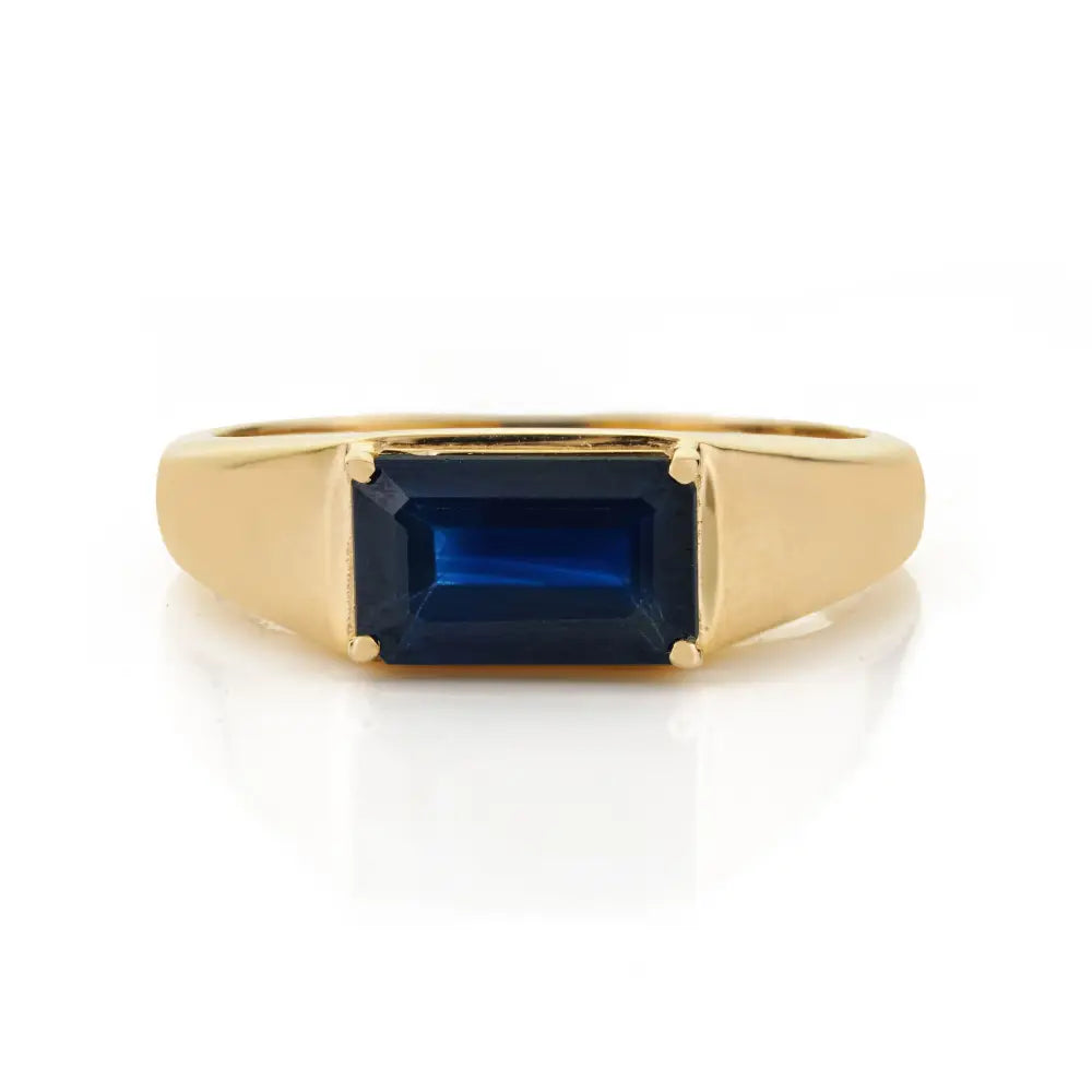 6x9 mm Octagon Cut Blue Sapphire Chunky Signet Ring For Men's 14K Real Yellow Gold Jewelry