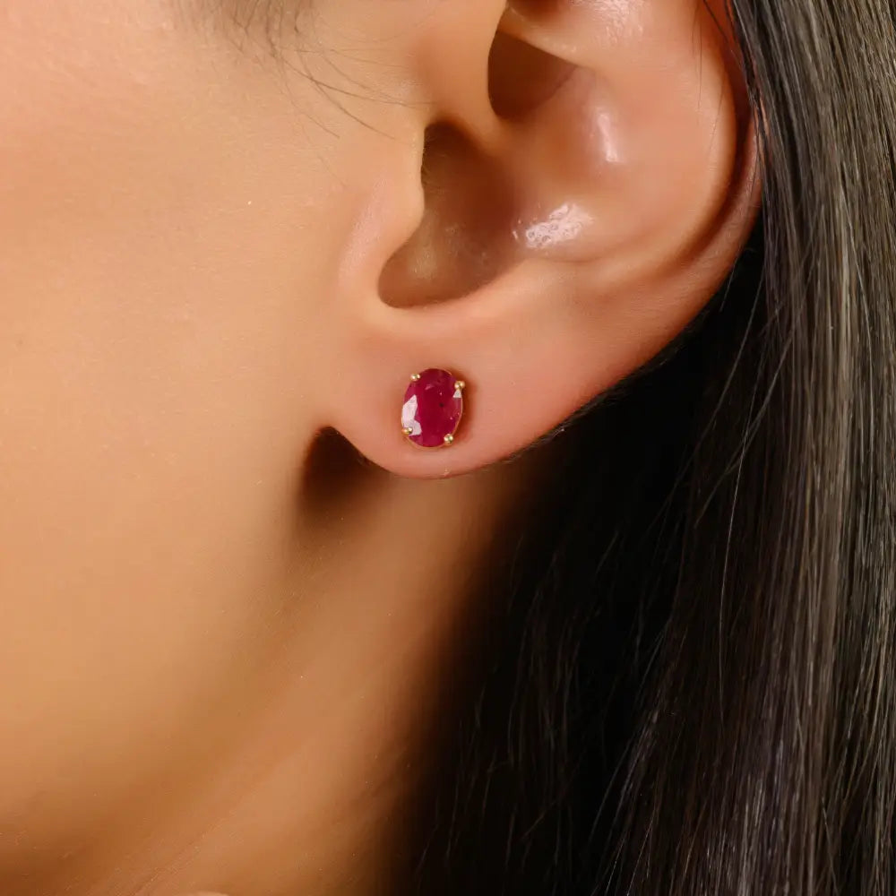 Everyday Jewelry Real Ruby Single Stone Stud Earrings 14K Real Yellow Gold Gift For Wife