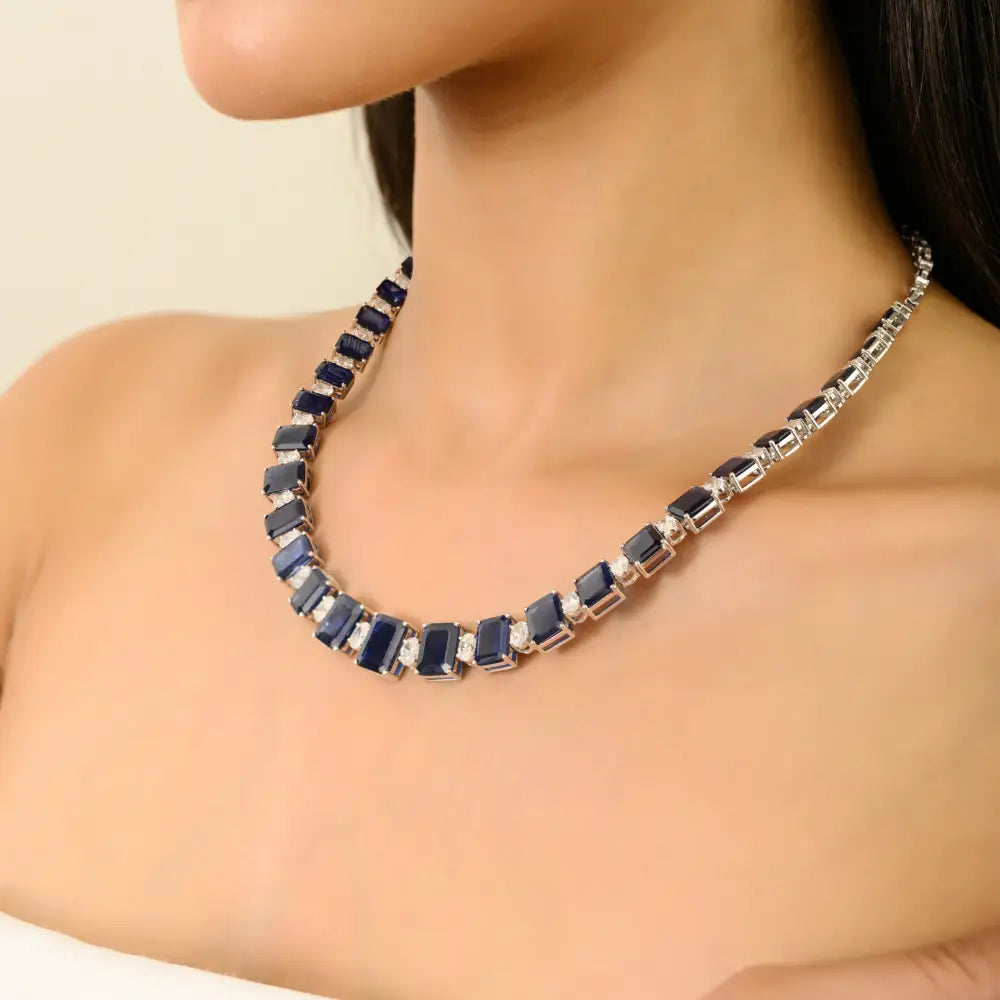 Octagon Shape Blue Sapphire & Oval Cut Diamond Statement Tennis Necklace 18K Solid Gold