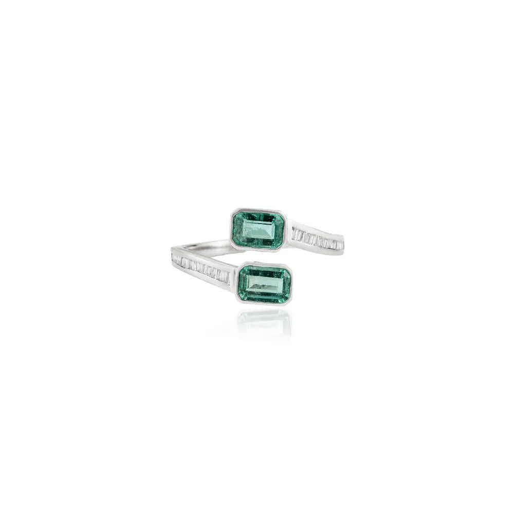 Bezel Set Emerald & Diamond Latest Design Bypass Ring K14 White Gold Fine Custom Jewelry