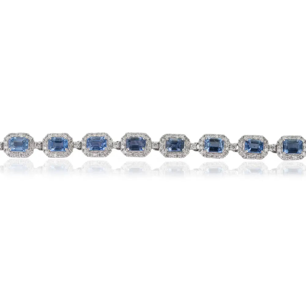 4x3mm Octagon Cut Blue Sapphire & Diamond Halo Tennis Bracelet Real K14 White Gold Jewelry