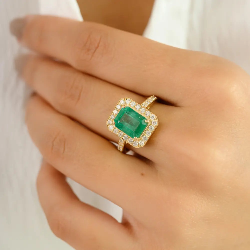 9x7mm Zambian Emerald & Diamond Pure 14K Yellow Gold Engagement Ring May Birthstone