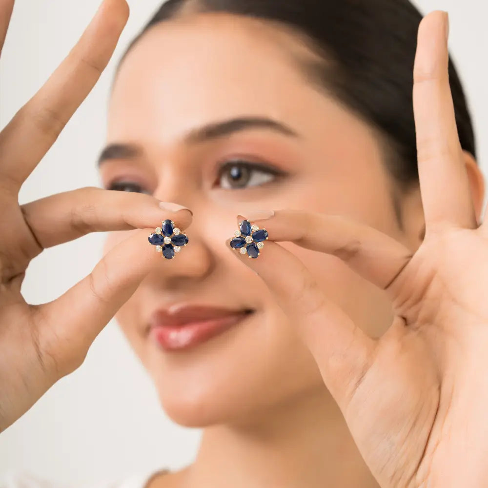 Blue Sapphire & Diamond Fine 14K Real Yellow Gold Floral Shape Stud Earrings For Women