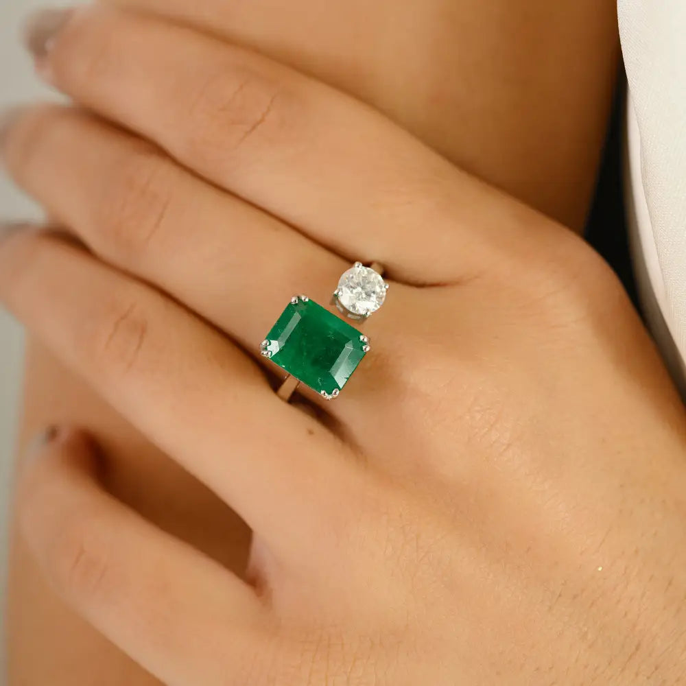 Precious Gemstone Double Prong Set Emerald & Diamond 14K White Gold Open Ring Unisex