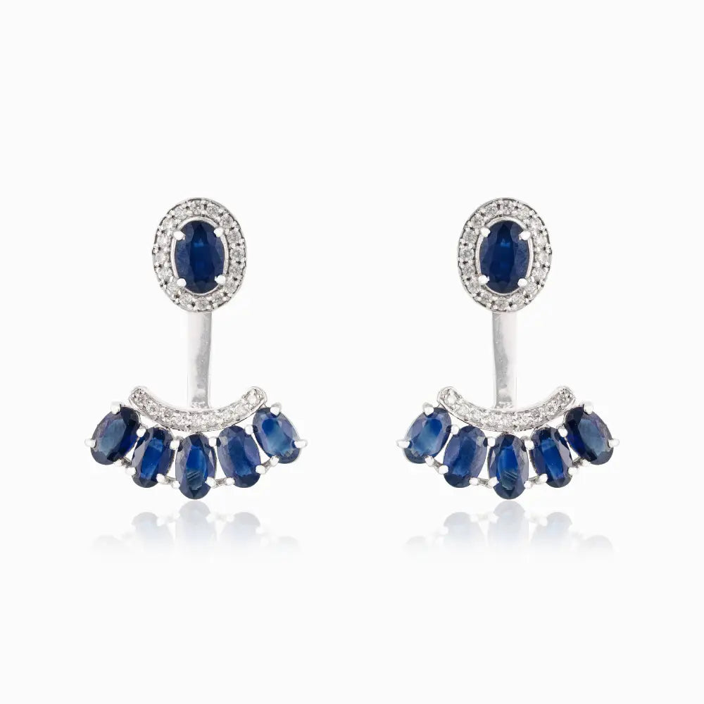 14K White Gold Blue Sapphire & Diamond Curved Shape Convertible Stud to Drop Earrings
