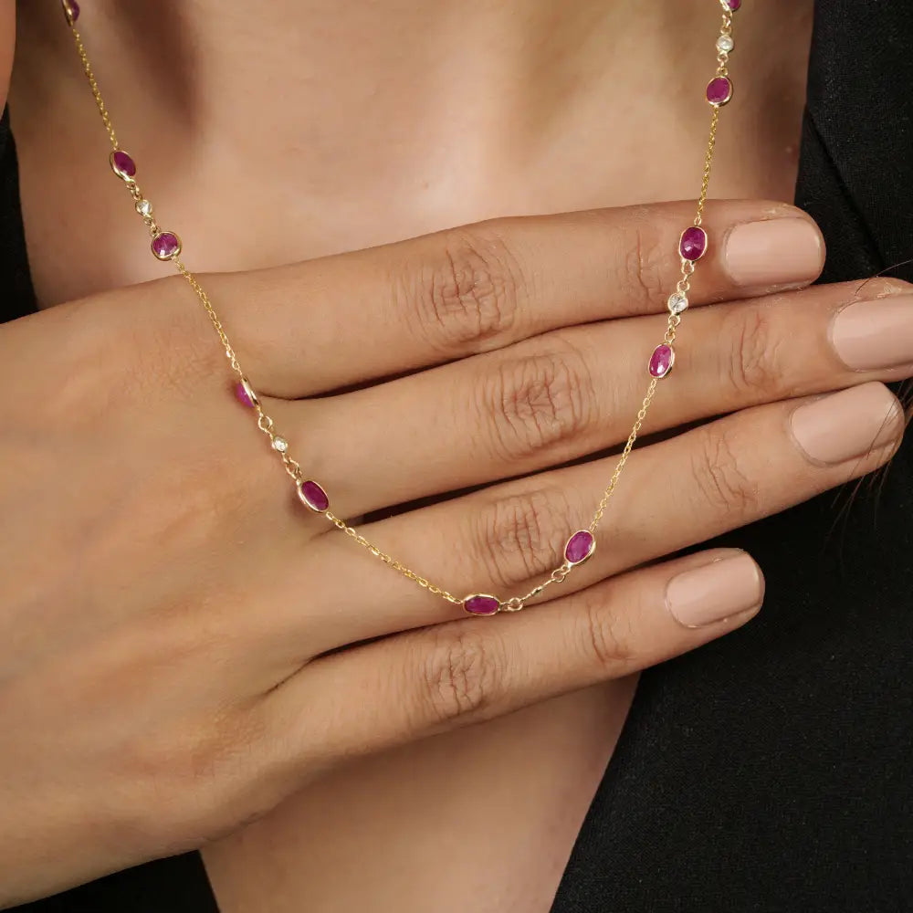 14K Solid Yellow Gold Ruby & Diamond Dainty Station Chain Necklace Mother's Day Gift Jewelry