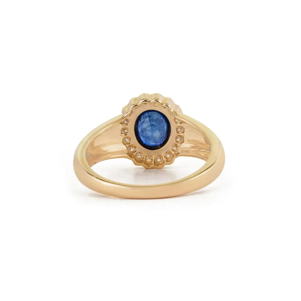 14K Solid Yellow Gold Blue Sapphire & Diamond Halo Signet Ring For Men's Wedding Jewelry