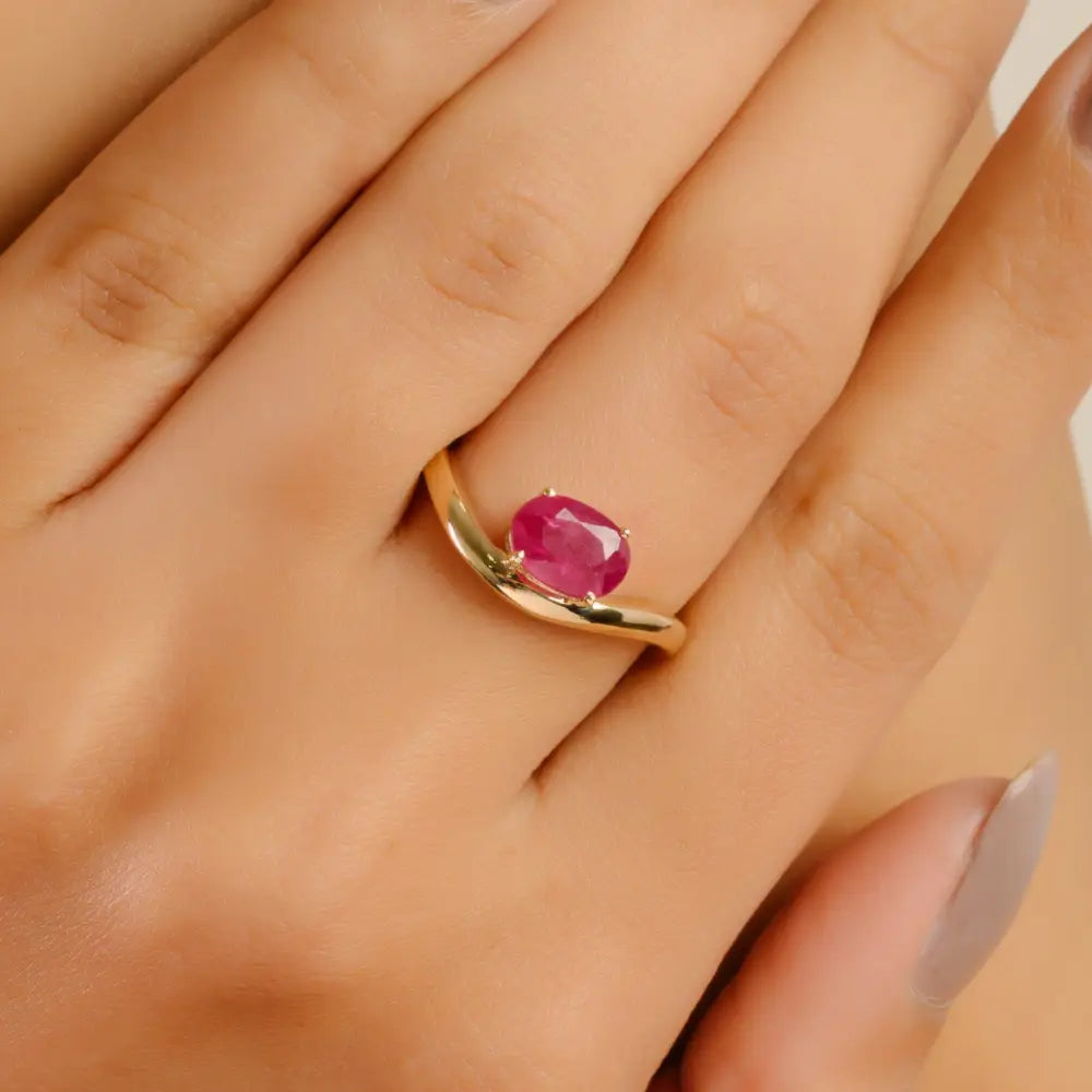 July Birthstone Latest Design Ruby Wavy Band Curve Ring Engagement Jewelry 14K Gold