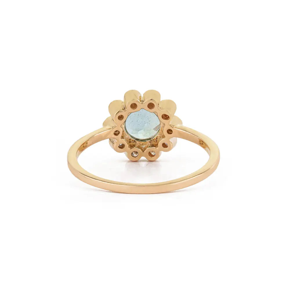 Round Cut Aquamarine & Diamond 14K Yellow Gold Floral Cluster Ring Customized Jewelry
