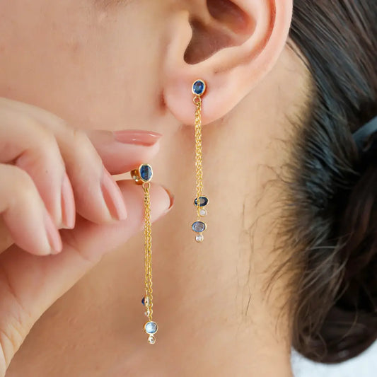 Delicate Design K18 Yellow Gold Blue Sapphire & Diamond Double Link Chain Dangle Earrings