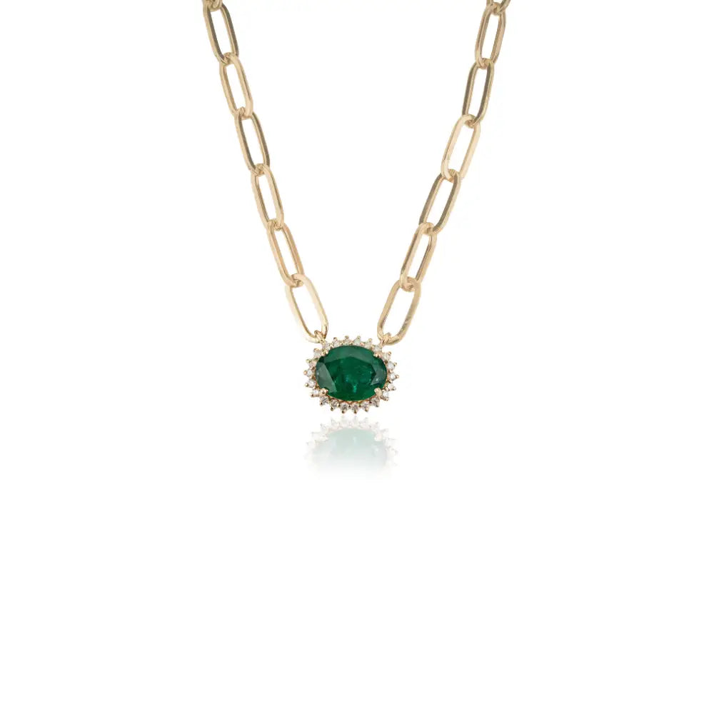 7x9 mm Oval Cut Emerald & Diamond 14K Real Gold Paperclip Chain Solitaire Cluster Pendant Necklace