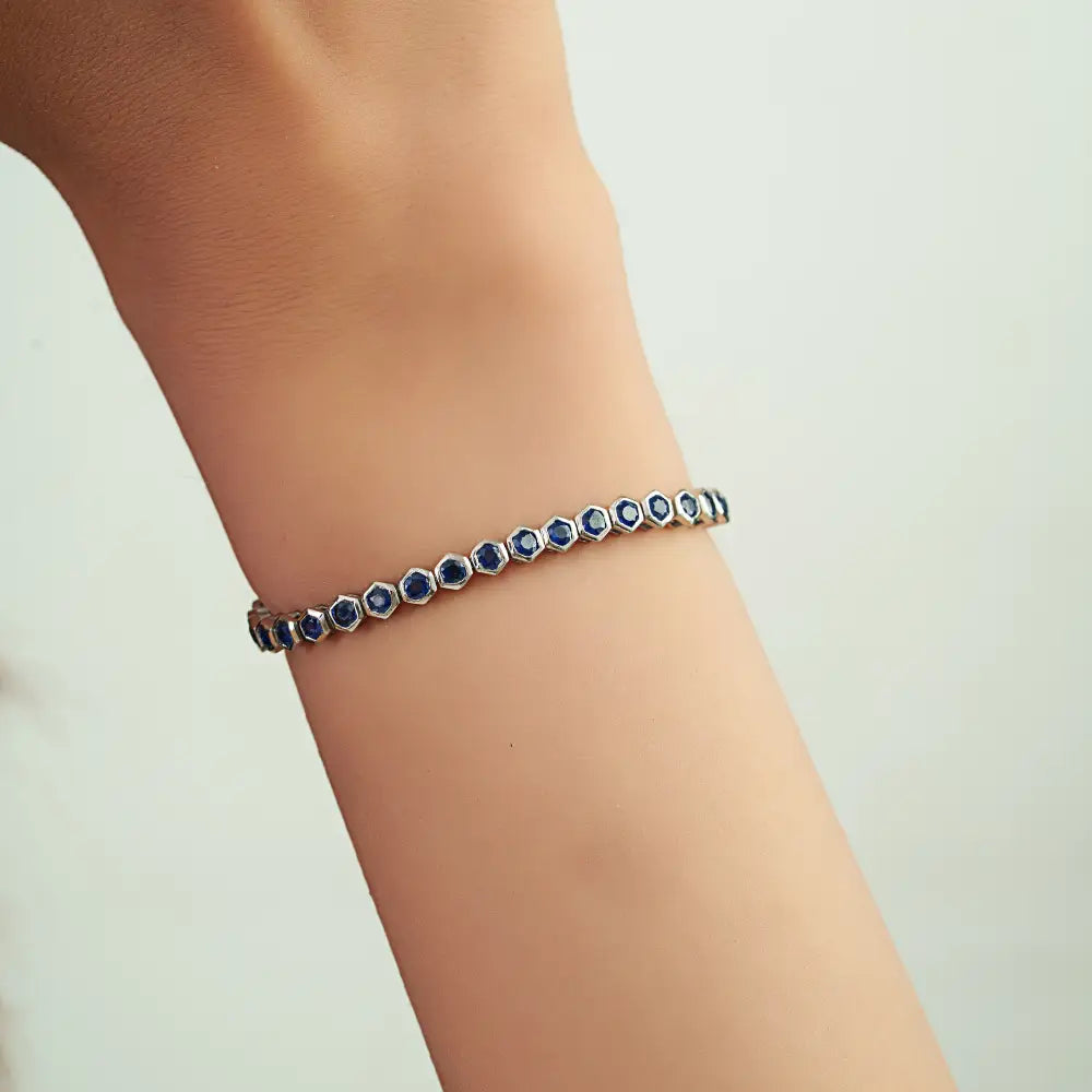 Fine New Collection of Blue Sapphire Stackable Tennis Bracelet Real 14K White Gold Jewelry
