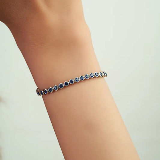 Fine New Collection of Blue Sapphire Stackable Tennis Bracelet Real 14K White Gold Jewelry