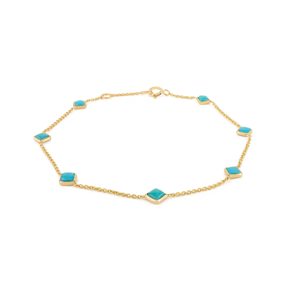 Square Cut Turquoise Gemstone Dainty Station Bracelet Real K14 Yellow Gold Minimal Jewelry
