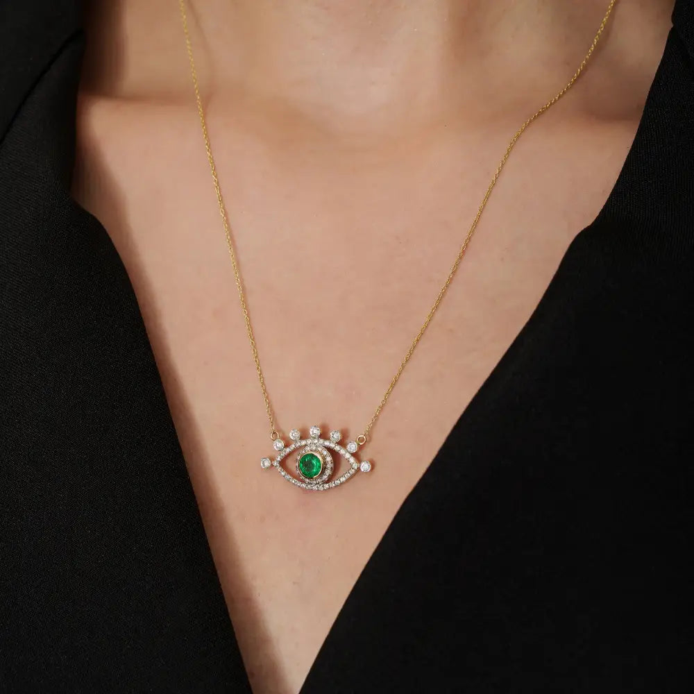 Unique Design Emerald & Diamond Evil Eye Pendant Necklace Fine 14K Yellow Gold Jewelry
